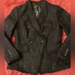 WHBM Black Tweed Studio Blazer Metallic Threads Frayed Hems Embellished Buttons